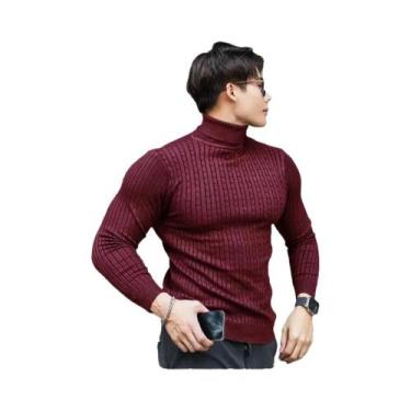 Imagem de Suéter Masculino De Tricô Quente Com Gola Alta, Manga Longa, Listrado,