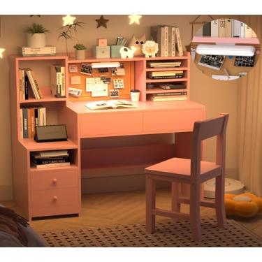 Imagem de RUPOLX Conjunto de mesa e cadeira de estudo infantil rosa de madeira com luz, 4 gavetas e armários de armazenamento, mesa infantil com gaiola e prateleiras, mesa de estudo para meninas para quarto de