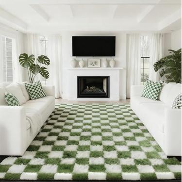 Imagem de Andency Tapete felpudo 20 x 25 cm, xadrez, verde-oliva e branco, felpudo, macio, felpudo, para sala de estar, quarto, sálvia floresta, verde escuro, para decoração de dormitório, casa