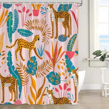 Imagem de Cortina de chuveiro Boho leopardo, folhas de palmeira tropical, guepardo, selvagem, vida selvagem, planta, arte estética moderna, decoração de banho, cortina com ganchos