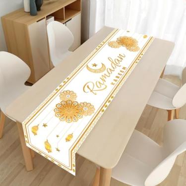 Imagem de Caminho de mesa Ramadan Mubarak, decorações brancas douradas Ramadan Kareem com padrão de lua e estrela, corredores de mesa de jantar de cozinha para decoração islâmica de feliz feriado e suprimentos