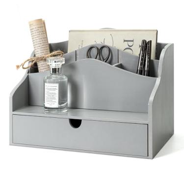 Imagem de Organizador de correio de madeira de pinho para mesa - Classificador de correio de bancada de estilo rústico minimalista para cartas, arquivos e revistas - Organizador de pastas de madeira com gaveta