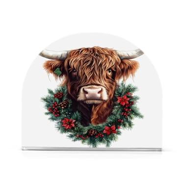 Imagem de xigua Suporte de guardanapo de gado Highland de Natal para mesas, porta-guardanapos de papel de placa acrílica elegante, dispensador de papel de seda independente moderno para sala de jantar, sala de
