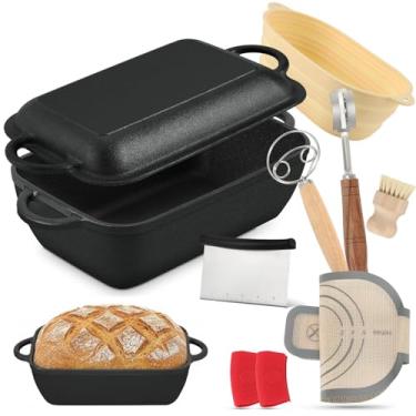 Imagem de Aukivon Forno holandês oval de ferro fundido para assar pão, assadeira de pão de 6,35 litros com tampa, panela de forno holandês multifuncional com suprimentos de pão para assar pão, fritar e refogar