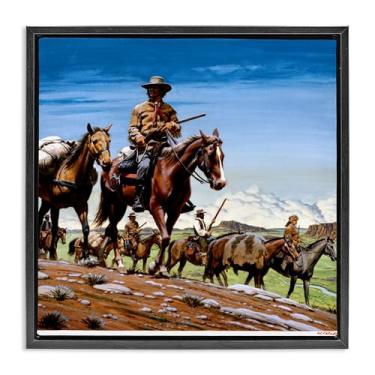 Imagem de Stupell Industries Arte de parede em tela flutuante emoldurada dourada Santa Fe Trail Cowboys, design da Wind River Studios, 45,7 x 45,7 cm