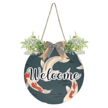 Imagem de Burbuja Placa de boas-vindas de peixe japonês, placa de boas-vindas pendurada com flor para porta, parede, casa, casa de fazenda, varanda, decoração de feriados, 30 x 30 cm