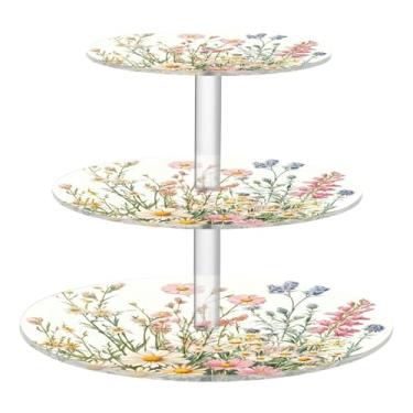 Imagem de CEBUGI Suporte de cupcake de 3 camadas, flores silvestres, suporte redondo para bolo, torre, bandeja de servir em camadas de acrílico para chá, chá de bebê, casamento e mais
