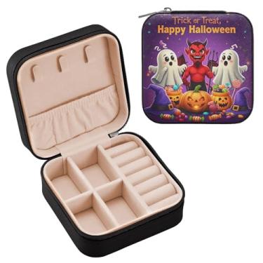Imagem de YETTASBIN Caixa de joias com elementos de Halloween para adolescentes, meninas, mulheres, presente de aniversário, Natal, caixa de armazenamento portátil de couro PU, mini estojo de joias de viagem