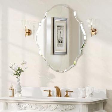 Imagem de Pocetry Espelho de parede oval recortado sem moldura, espelho de banheiro chanfrado de 71 x 55 cm com painel de suporte traseiro, espelho decorativo de parede para pia, entrada, quarto