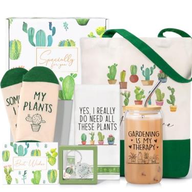 Imagem de Frerdui Presentes para amantes de plantas para mulheres, suculentas cacto gelo, xícara de café, presentes de jardinagem para mulheres com planta louca, chaveiro para amante, presente de aniversário