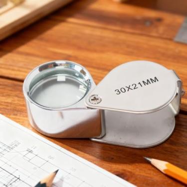 Imagem de Lupa prateada 30x, lupa dobrável para joias de 21 mm com estojo, lente portátil de mão para inspeção de carimbo de moeda