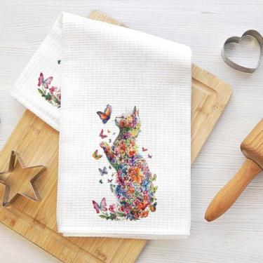 Imagem de Toalhas de cozinha de gato com flores coloridas, toalhas de chá de microfibra duráveis para cozinha, decoração de casa de banho, toalha de secagem de louça, waffle floral borboleta, presentes de gato