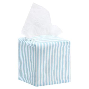 Imagem de Potchen Capa de caixa de lenços costeira azul claro e branco listrado caixa de lenços decorativo de algodão suporte de guardanapo quadrado para casa, quarto, sala de estar, banheiro, escritório