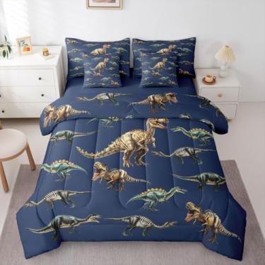 Imagem de Feelyou Jogo de cama de dinossauro fofo com 7 peças, solteiro, 3D, digital, dinossauro, para crianças, meninos, meninas, selva, dinossauro, decoração de quarto de microfibra macia