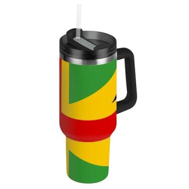 Imagem de Copos de bandeira jamaicana com tampa e canudo à prova de vazamento 1,134 g copo com alça garrafa de água isolada caneca de café quente de aço inoxidável para carro