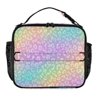 Imagem de Joisal Lancheira de leopardo gradiente arco-íris para mulheres meninas lancheira com alça de ombro masculina crianças lancheira para trabalho escola linda bolsa térmica