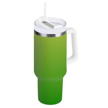 Imagem de Copo com alça 1,134 g Copos de aço inoxidável com tampa e canudo Garrafa de água térmica isolada caneca de café quente para carro abacate verde gradiente ombré