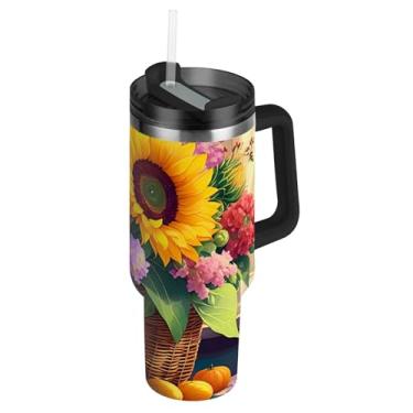Imagem de Joisal Copos com tampa e cesta de palha Girassóis Flores Tumbler com alça 850.5 g Garrafa de água à prova de vazamento Garrafa de água de aço inoxidável isolada cabe no copo do carro