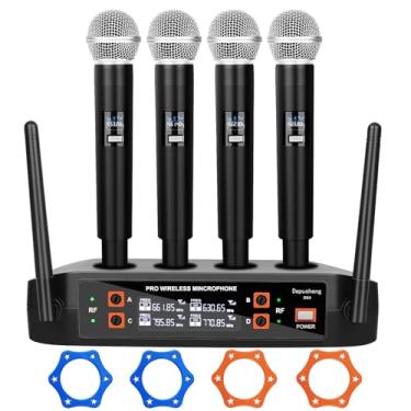 Imagem de Kit 4 Microfone Sem Fio Profissional, Sistema de Microfone Sem Fio de 4 Canais, Microfone de Mão Dinâmico, Emparelhamento Automático