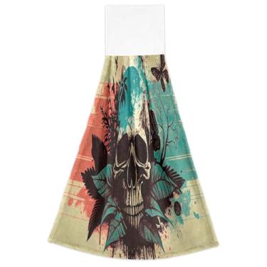 Imagem de Joisal Toalhas de mão de queda de cabeça de caveira em aquarela vermelha azul com laços para pendurar conjunto de 2 toalhas de gravata de forno altamente absorventes, toalhas de secagem de cozinha