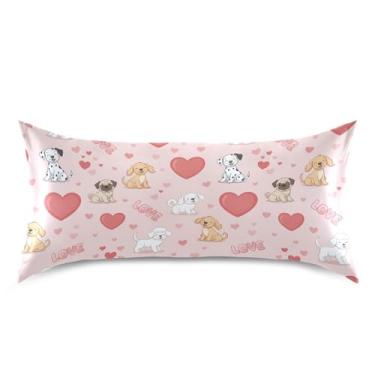 Imagem de Wassud Capa de almofada fofa de cetim para cabelo e pele com corações e corações de cães fofos, capas de travesseiro respiráveis tamanho king size com fecho de envelope