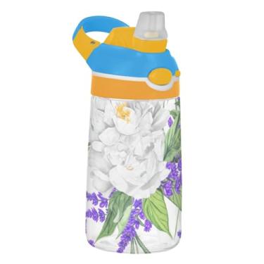 Imagem de Garrafa de água infantil White Peonies roxa lavanda com canudo 473 ml 473 ml Garrafa de água esportiva Tritan portátil à prova de vazamento, copo infantil, reutilizável, alça de transporte