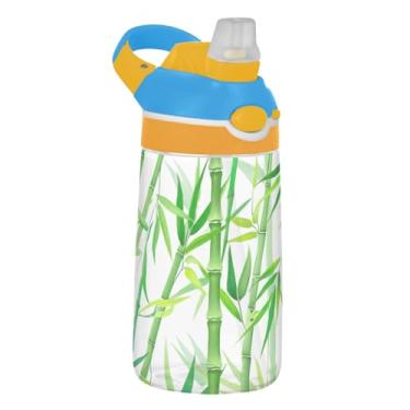 Imagem de Garrafa de água infantil Tritan de 473 ml com tampa de palha, garrafa de água esportiva reutilizável de 473 ml, copo infantil portátil à prova de vazamento, alça de transporte, folhas verdes de bambu