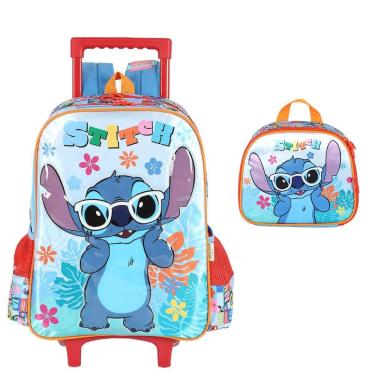 Imagem de Kit Mochila Rodinha Lancheira Luxcel Stitch Azul Floral