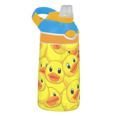 Imagem de Garrafa de água infantil de 473 ml com tampa de canudo à prova de vazamento, garrafa de água esportiva para escola portátil de 473 ml, alça de transporte, estampa de patos amarelos de desenho animado