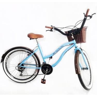 Imagem de Bicicleta Aro 26 Beach Retrô C/Cesta Vime Sintético Azul BB