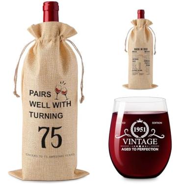 Imagem de kwsnatel Decorações de aniversário de 75 anos, presentes de aniversário de 75 anos para mulheres e homens, conjunto de presente de vinho vintage 1950, presentes de aniversário de 75 anos para ela,