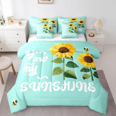 Imagem de Erosebridal Jogo de cama casal de girassol You are My Sunshine, conjunto de lençol floral amarelo Yee com edredom verde menta, cama de fazenda em uma bolsa