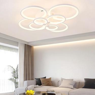 Imagem de Luminária de teto pendente moderna com 8 anéis de LED, preta, para quarto, com controle remoto, 3 cores ajustáveis, luminária de teto redonda para sala de estar, ilha de cozinha e quarto (br