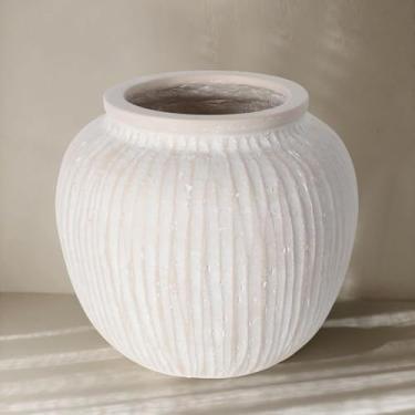 Imagem de Oakrain Vaso grande rústico minimalista, vaso redondo envelhecido de 23 cm para decoração de casa, plantadores de centros de fazenda para sala de estar em ambientes internos e externos, branco vintage