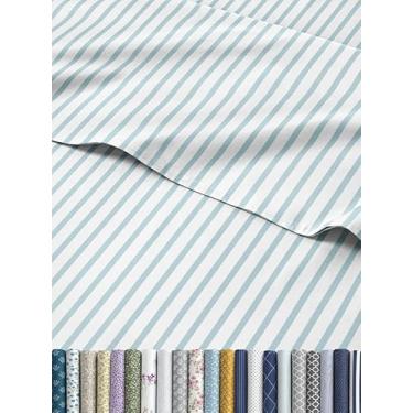 Imagem de Jogo de lençol listrado azul celeste de 3 peças para cama de solteiro – lençol de cima de luxo 166 x 96, lençol com elástico 99 x 189 cm e 1 fronha 51 x 76 cm – bolso profundo, lençol macio, azul e