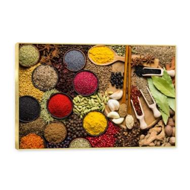 Imagem de NHLDZYH Moldura dourada. Arte de parede em tela de especiarias coloridas e colher de tempero | Decoração de cozinha vintage | Arte moderna para casa e sala de jantar. C80. 50 x 75 cm - 19,7 x 29,6 pol