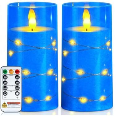 Imagem de Homemory Velas sem chama com cordão de luzes de fadas embutidas, velas operadas por bateria, velas de LED, velas falsas com controle remoto e temporizador, azul, conjunto de 2 (H 15 cm 15 cm)