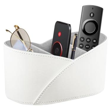 Imagem de Suporte de controle remoto para mesa, controles remotos de TV de couro organizador de mesa 3 grade e acessórios armazenamento para controladores/papelaria de escritório/materiais de arte, decorações modernas para mesa de estar