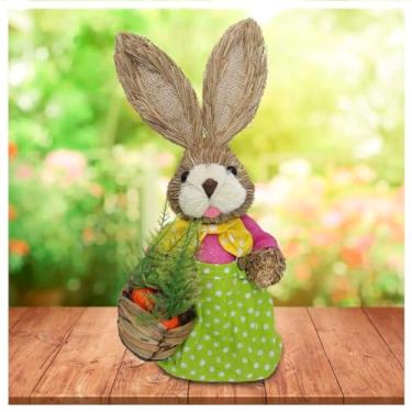 Imagem de Coelho Fêmea De Palha Páscoa Decoração Enfeite Coelhinho 34cm