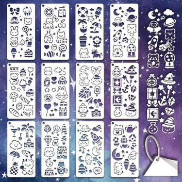 Imagem de GOMAKERER 12 folhas de fantasia elementos minimalistas estênceis para pintura, 12 estilos fofo flor urso doce coração gigt peixe modelo de desenho reutilizável para álbuns, agendas, agenda, scrapbook