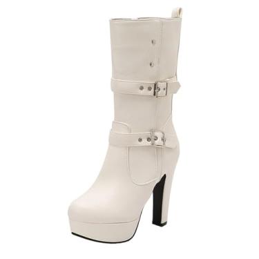 Imagem de Botas de cano médio femininas casuais de inverno bico redondo com zíper interno à prova d'água plataforma e design de salto, várias, Branco, 34