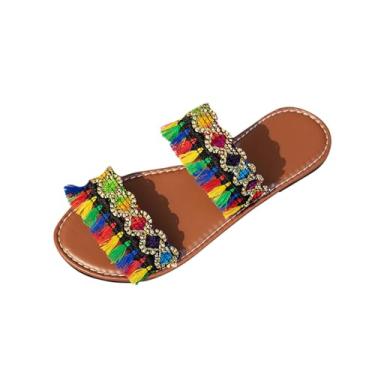 Imagem de Sandália feminina boêmia com borla plana sapatos casuais de praia para uso externo interno PU superior vários tamanhos, Marrom, 36