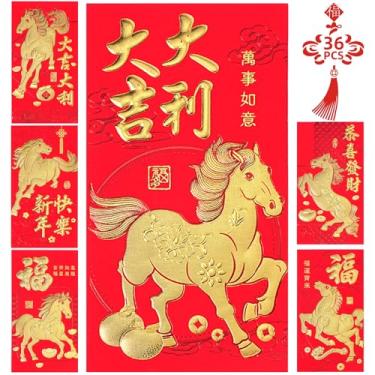 Imagem de Envelopes vermelhos de ano novo chinês, 36 peças, 6 estampas KissDate 2026 Cavalo Ano Novo Lunar, envelope vermelho Hong Bao Lai See Pacotes de dinheiro da sorte para festival de primavera, casamento