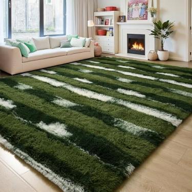 Imagem de FALARK Tapete felpudo fofo verde branco listrado, 1,2 x 1,8 m, retangular, felpudo, para sala de estar, carpete macio e felpudo para quarto, tapete lavável antiderrapante para uso interno, decoração