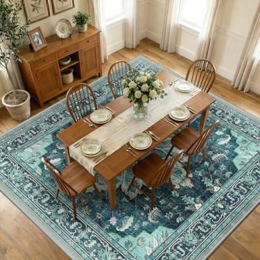 Imagem de RELEANY Tapetes quadrados 3 m lavável, antiderrapante, floral, vintage, estampa de angústia, tapete medalhão para sala de estar, quarto, sala de jantar, verde-petróleo, azul lago turquesa