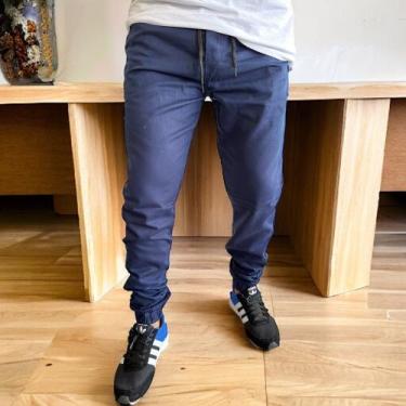 Imagem de calça jeans jogger masculina jeans rasgado, sarja com elastico e bolso