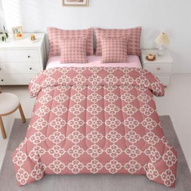Imagem de Erosebridal Conjunto de cama geométrico rosa, tamanho casal, elegante, quadrifólio rosa empoeirado, com lençol com lençol para meninas, mulheres, crianças, abstrato, floral, elegante, minimalista