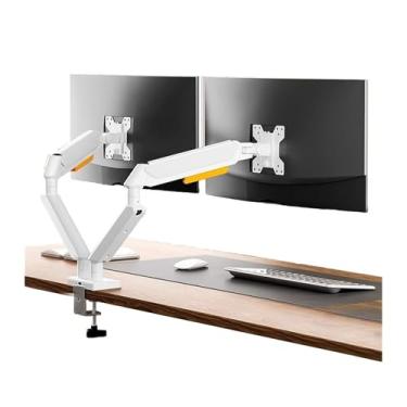 Imagem de Suporte para monitor duplo de escritório de até 81 cm e 10 kg por tela, braço ajustável para monitor de mola a gás, suporte de monitor duplo de alumínio com grampo C e acessórios de mesa base de ilhós