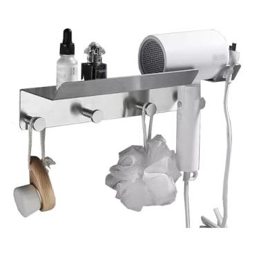Imagem de KHUTRW3D Rack de armazenamento de chuveiro, rack de banheiro multifuncional de aço inoxidável escovado com suporte para secador de cabelo e 4 ganchos, adesivo de parede para banheiro, suporte de