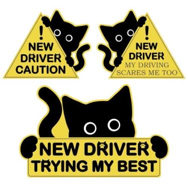 Imagem de AMZAUTO 3 peças ímã de estudante motorista para carro, lindo gato reflexivo novo ímã de motorista adesivos de segurança, reutilizável fácil de anexar, adesivo engraçado para para-choque de porta